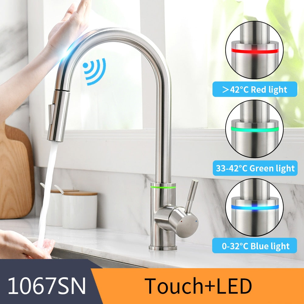 Future Touch Modern Sensor Kitchen Faucet with Rotation, Extendable Auto Retracting Hose, Selectable Stream Flow, and Water Temperature Indicator