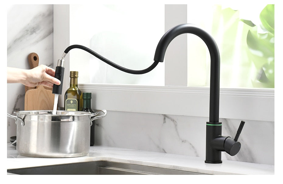 Future Touch Modern Sensor Kitchen Faucet with Rotation, Extendable Auto Retracting Hose, Selectable Stream Flow, and Water Temperature Indicator